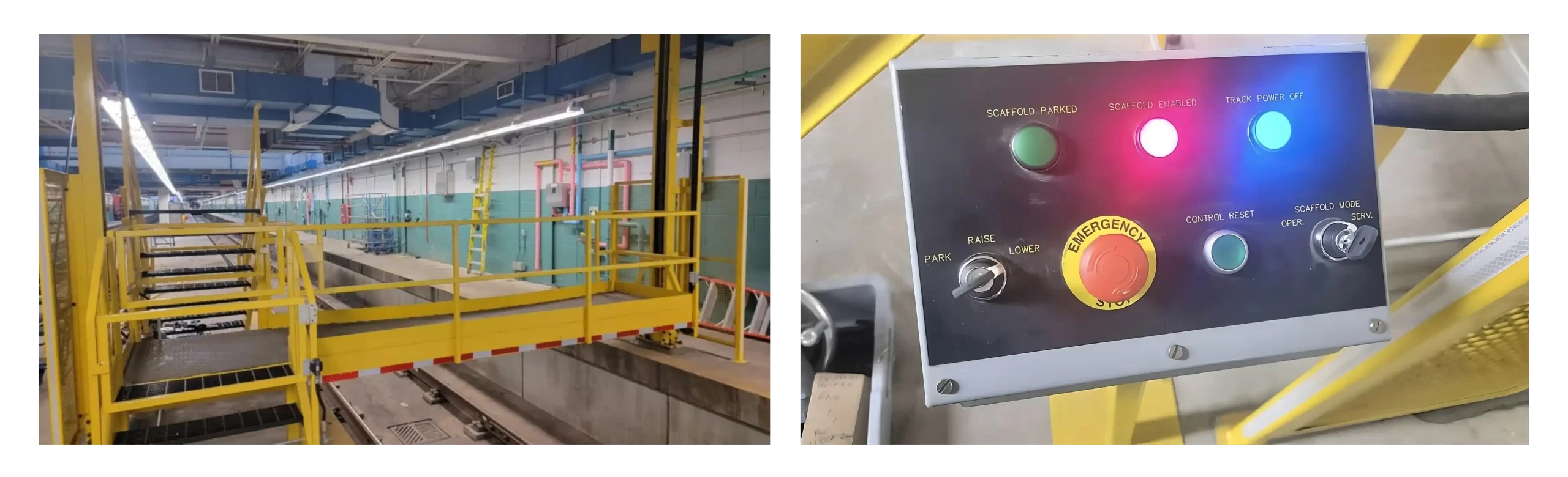 Wide view and close up view of the train car adjustable automated platform for maintenance. Buttons and keys are visible, Google search query