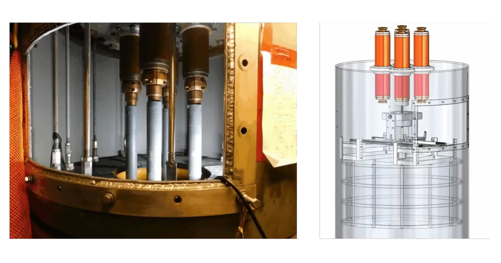 Photos showing a high voltage bushing vessel, as well as the bushing replacement tool, for search query 'bushing replacement tool'
